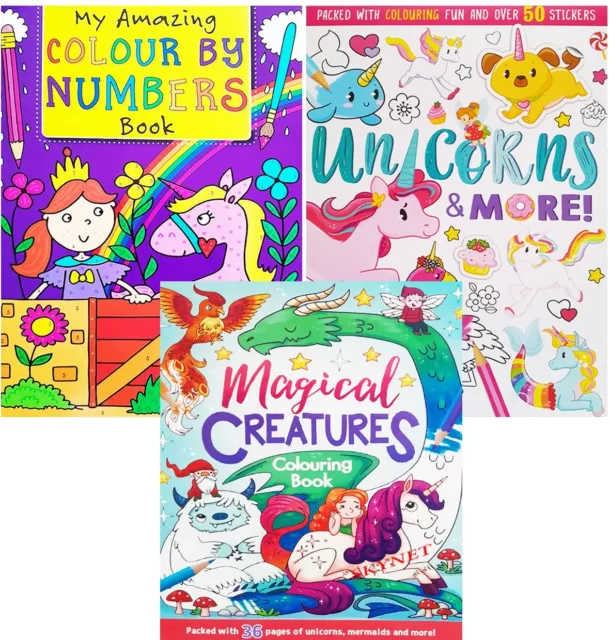 3 x Kids Colouring Books For Boys Girls UNICORNS MAGICAL COLOUR BY NUMBERS