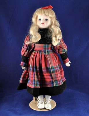 Blonde Porcelain Doll 15-in Blue Eyes Red Tartan Plaid Dress Black Bodice