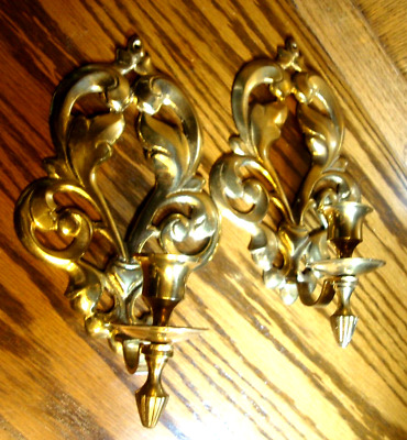 Set (2) Ornate Brass Wall Candle Sconce Holder~Hollywood Regency~Victorian   652