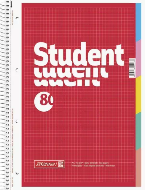 BRUNNEN Collegeblock Student A4, 80 Blatt kariert mit Register