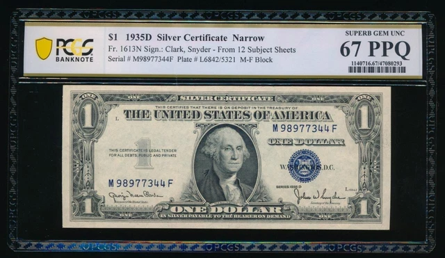 AC 1935D $1 Narrow Silver Certificate PCGS 67 PPQ M-F block  Fr 1613N