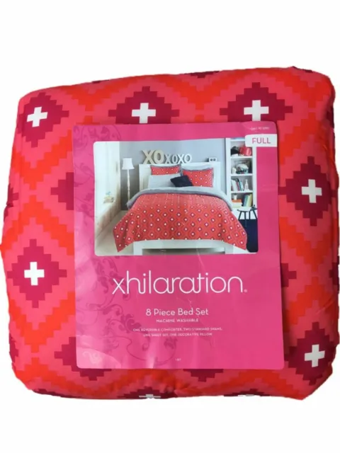 Full Bed In A Bag Coral & Pink Geometric Comforter Sheets Shams & Pillow, 8 Pc