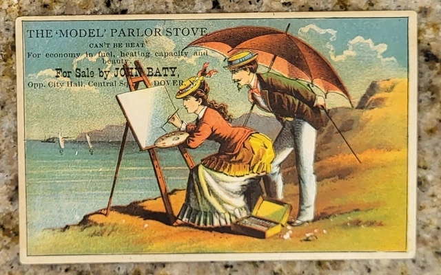 Victorian Trade Card Dover NH John Baty The Model Parlor Stove Painting Beach