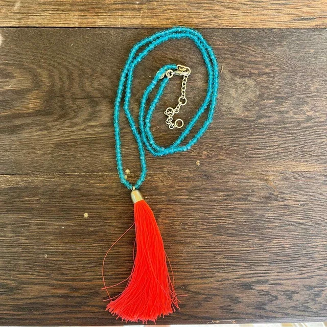 J Crew Tassel Bead Necklace Blue Orange