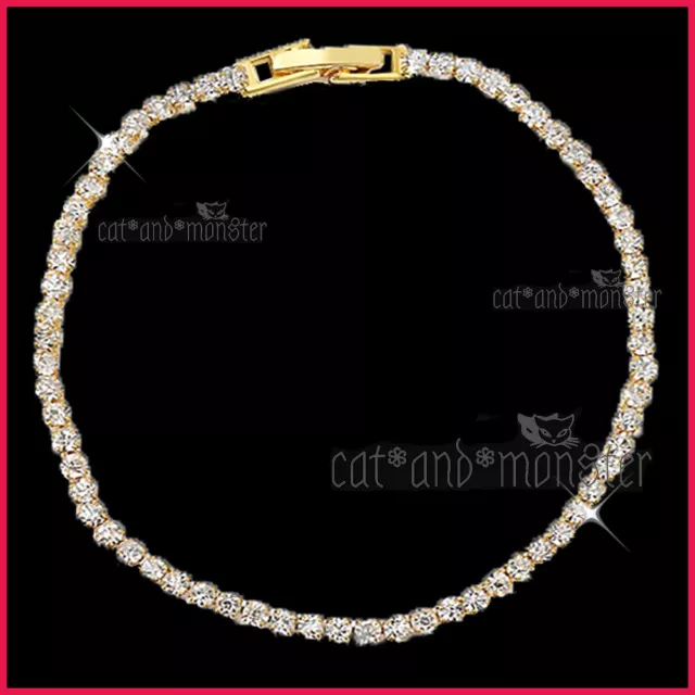 18K Yellow Gold Gf Ladies Girls Thin Band Wedding Crystal Tennis Bangle Bracelet