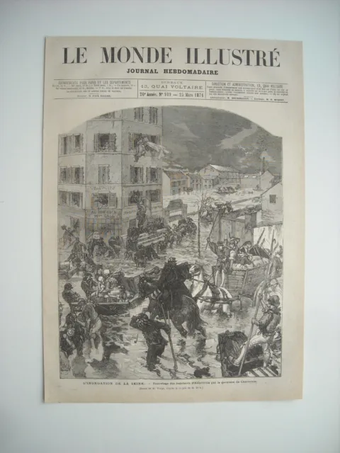 Gravure 1876. L’inondation De La Seine. Sauvetage Des Habitants D’alfortville Pa