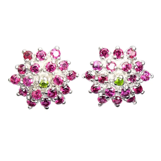 Unheated Round Rhodolite Garnet Chrome Diopside 925 Sterling Silver Earrings