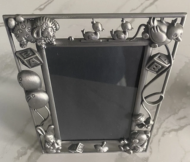 Child’s Photo Frame Pewter Colored Metal with Lamb Duck Bunny Bear holds 4 x 6