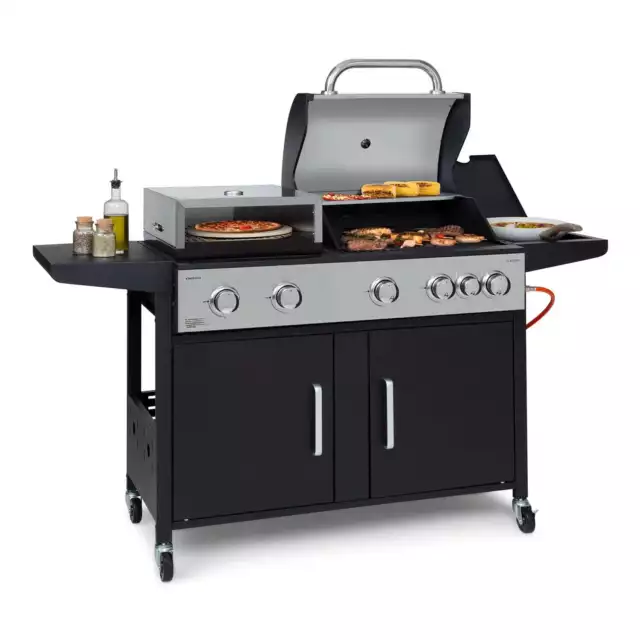 Standgrill Grillwagen Kombigrill Gasgrill Pizzaofen 20,5kW 5+1 Brenner Edelstahl