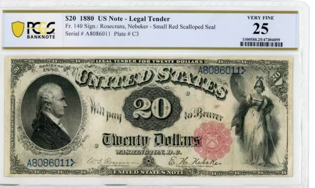 NobleSpirit No Reserve Fr 140 1880 $20 Scalloped Seal Legal Tender PCGS VF 25