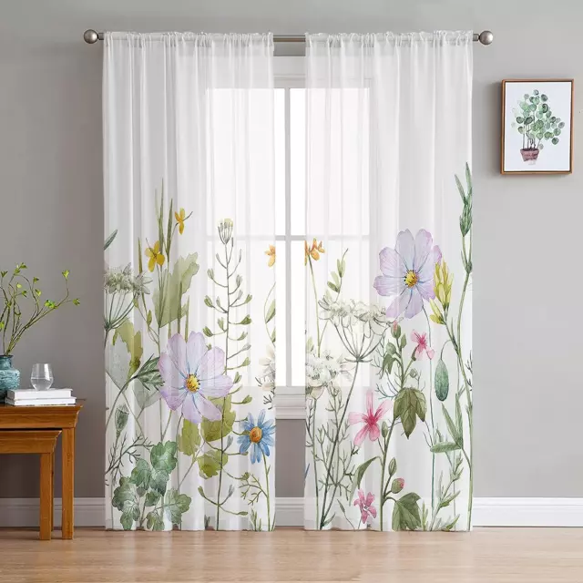 Spring Flower Floral Semi Sheer Curtains 84 inches Long, Colorful Floral Summer