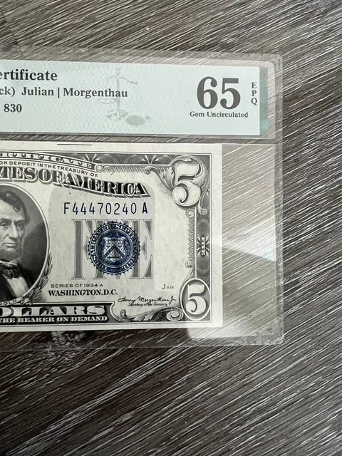 1934 A $5 SILVER CERTIFICATE NOTE FR.1651m MULE DA BLOCK PMG GEM UNC 65 EPQ 2