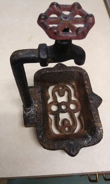 Antique RARE  PRIMITIVE  OLD Water Faucet CAST IRON Footed Soap Dish Tray