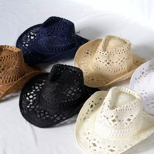 Ladies Men Woven Sun Hat Straw Cap Hollow Cowboy Holiday Beach Traveling Summer