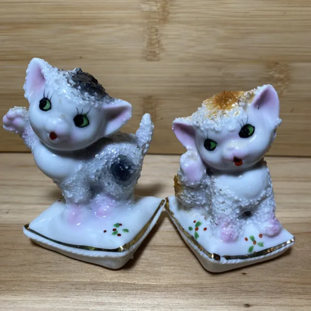 Vtg Spaghetti Cats Kittens Salt Pepper Shakers Green Eyes 1950’s Porcelain Japan