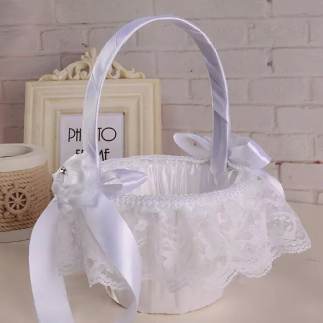 Lace White Satin Bowknot Pearl Flower Girl Basket Wedding Party Decoration 2