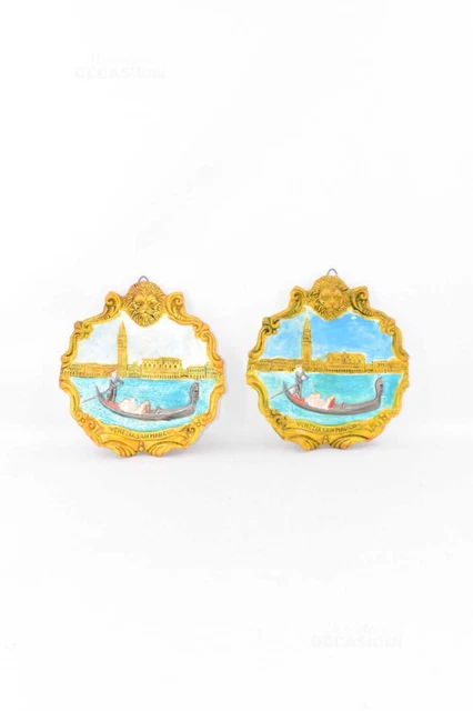 Pareja Souvernir Platos De Colgar Venezia S. Marco Borde Amarillo 20 X 21CM