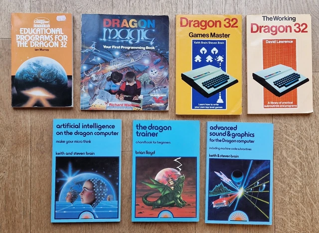 7x Vintage Dragon Computer Coding / Software / Game & Instruction Books - 1980's