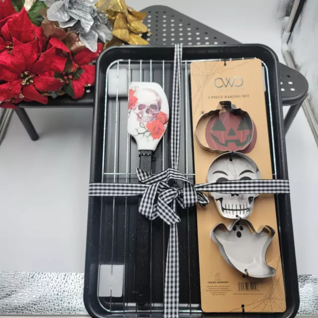 Cookie Baking Set 6 Pc Tray Cooling Rack Spatula Cutters Skull Pumpkin Ghost