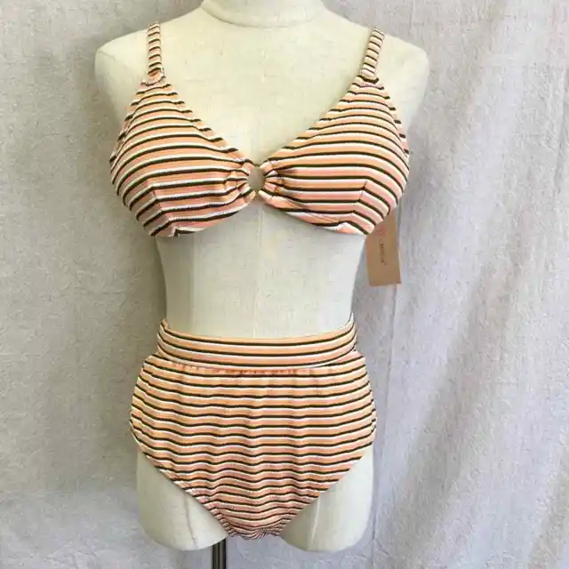 Cremieux crepe stripe triangle high waisted bikini set size large NWT