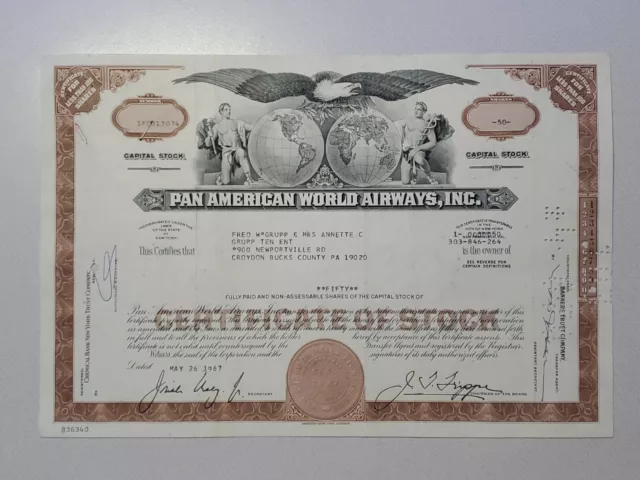 Pan American World Airways Cancelled Stock Certificate