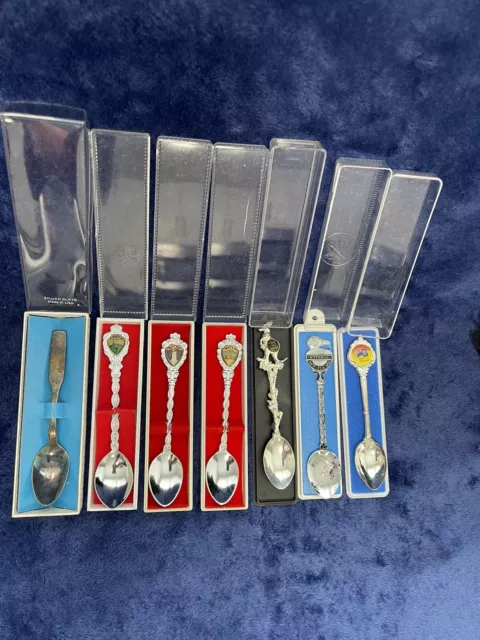 Lot of 7 Vintage Souvenir Collector Spoons from Various Places In Original Boxes