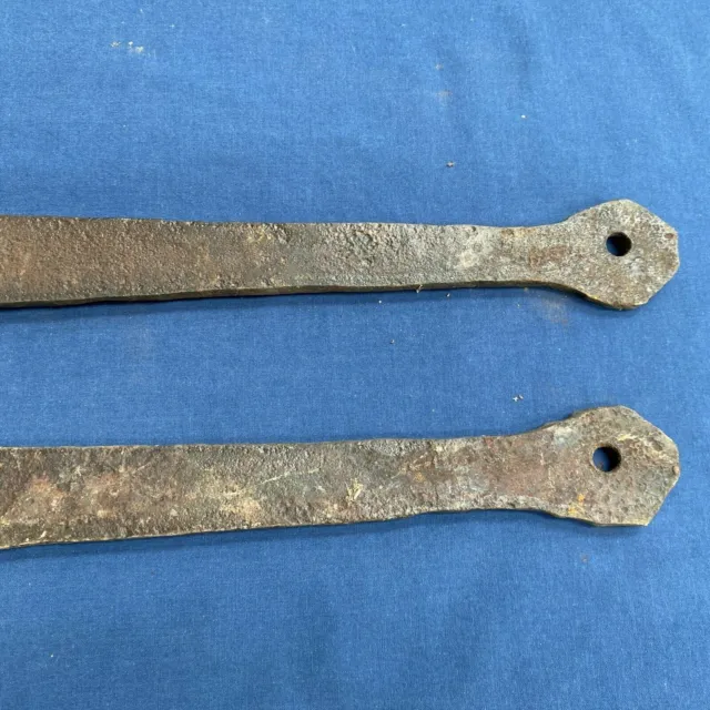 Pair Antique Hand Forged Iron Barn Door Strap Hinges 20 5/8" & 20 1/8" 10