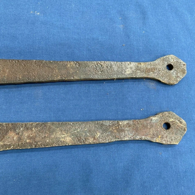 Pair Antique Hand Forged Iron Barn Door Strap Hinges 20 5/8" & 20 1/8" 10