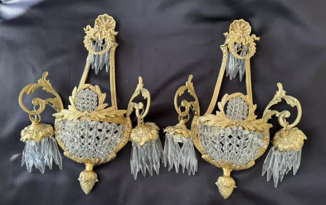 PAIR French Gilt Brass Crystal Beaded Wall Sconces Ornate 2