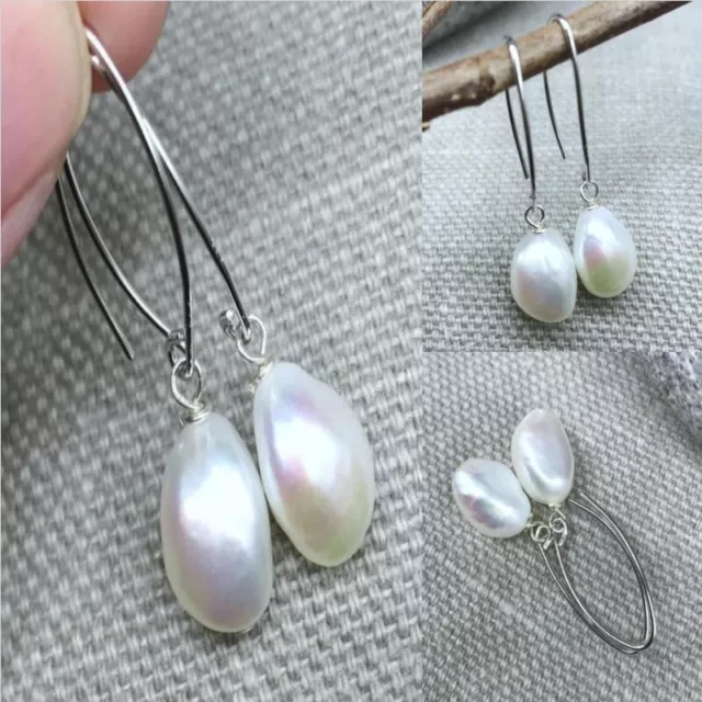 Natural Whtie Baroque Pearl Earrings Silver Ear Drop 925 Hook Everyday