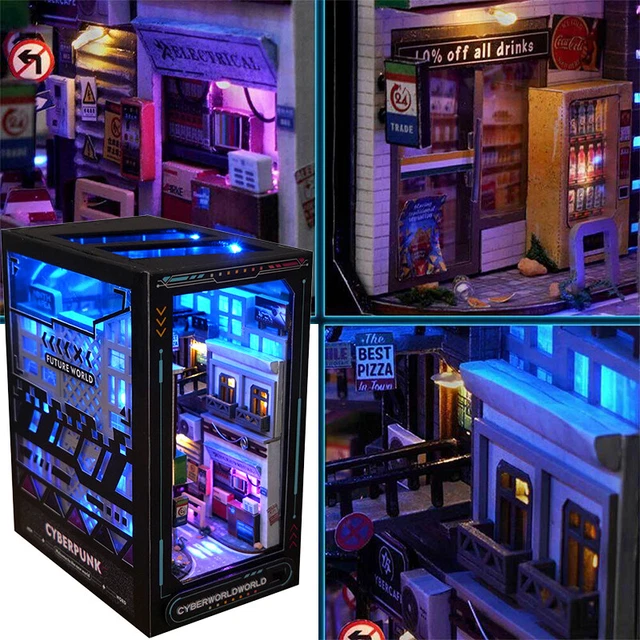 Rolife 3d wooden puzzle diy miniature book nook light bookshelf craft