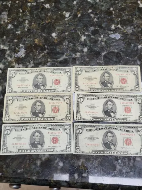 1953 or 1963 Five Dollar RED Seal United States Note $5 PROBLEM FREE New Holder