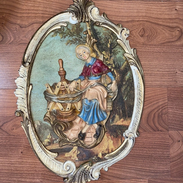 Vintage 3D Empire Figural Art Oval Wall Plaque Ornate Frame Italy Spinning Yarn