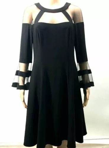 $239 Betsy & Adam Womens Black Scoop Neck Illusion 3/4 Sleeve Party Dress Size 4