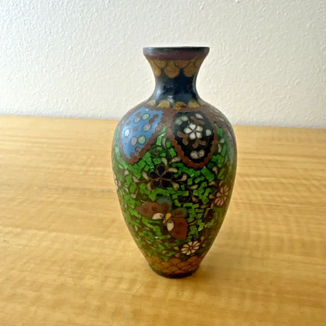 Meiji Period Japanese Brass Wire Miniature Cloisonné Vase