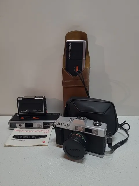VTG Camera Lot: (2) Minolta Autopak 450E Pocket + Pocket Flash 25 & MAXIM MF-IX