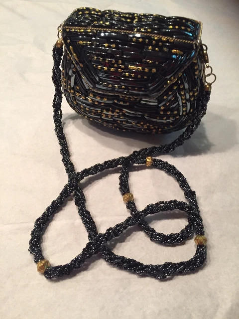 Vtg '90's Evening Bag Purse black iridescent Glass Barrel Beads Clam Shell 5"x4