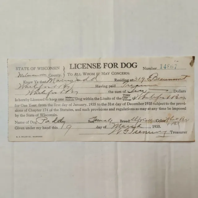 State Of Wisconsin USA License For Dog "PADDY" - March 1935 Vintage Dog License