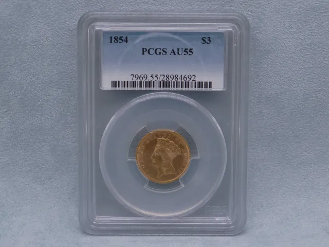 PCGS Certified 1854 Indian Princess $3 Gold Coin AU55