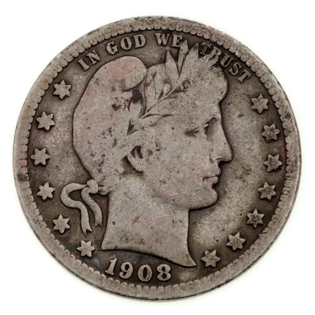 1908-S 25C Barber Quarter in Very Good VG Condition, Natural Color