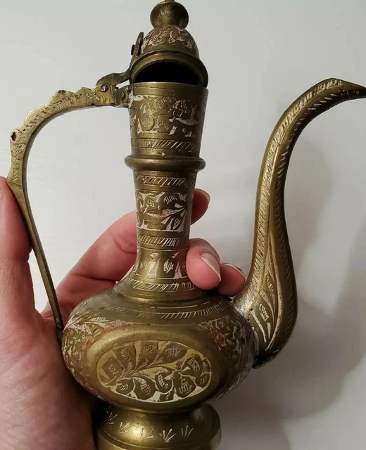 Vintage Etched Brass Teapot Genie Lamp Style  Pitcher Made in India Ornate 6"