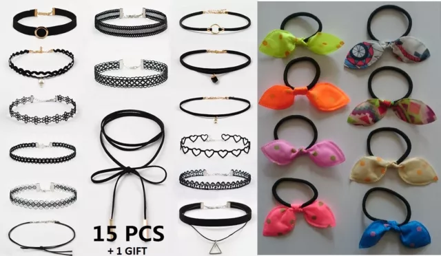 15+1 Choker Necklace Set Stretch Velvet Classic Gothic Tattoo Lace Retro Black#7