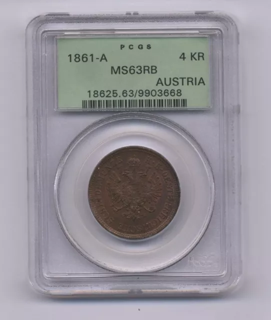 Austria  1861-A  4 Kreuzer Coin Choice Uncirculated, Pcgs Certified Ms63-Rb