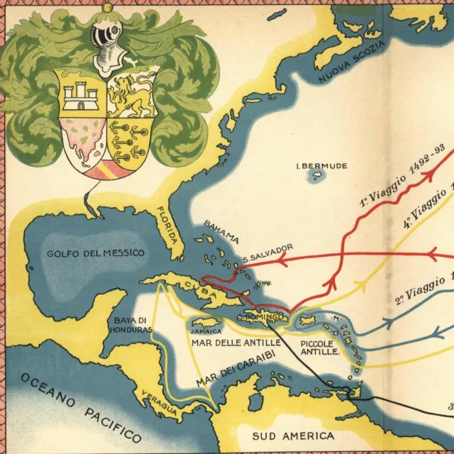 Atlantic Ocean Columbus voyages c.1930 cartoon style old map decorative