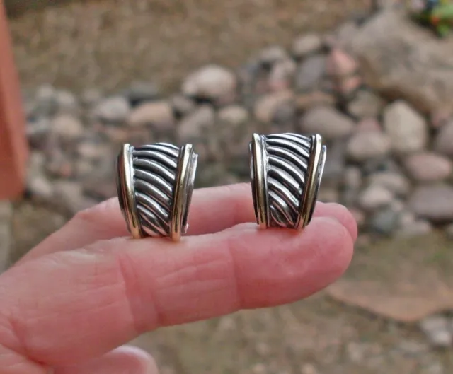 Retired David Yurman Tapered Cigar Band Cable Earrings - 14K/925 - Omega Backs