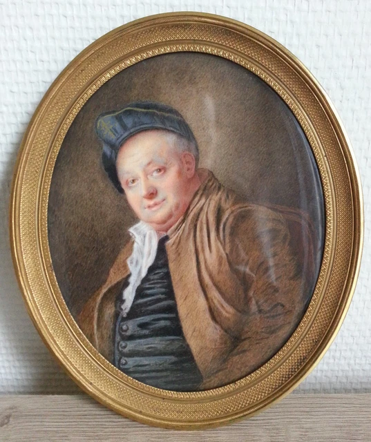 RARE GRANDE MINIATURE PEINTURE XIXe Portrait Etienne Jeaurat d'après J-B GREUZE