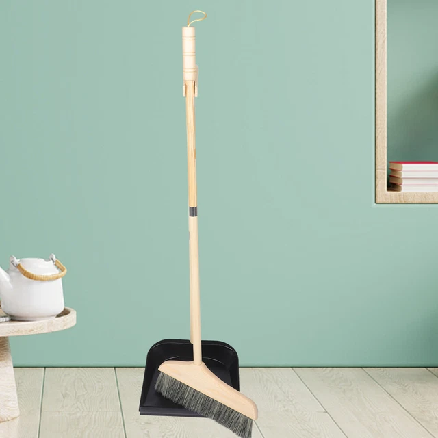 Stainless Steel Solid Wood Bristle Broom and Dustpan Set Office Standing