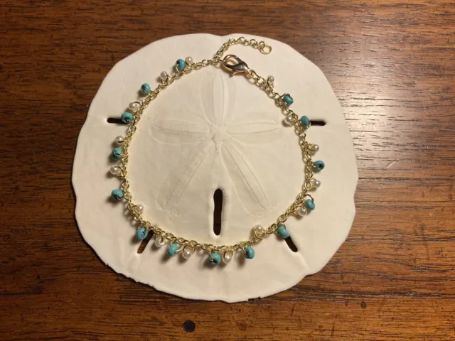 Handmade Adjustable Length Beaded Bracelet - Gold, Pearl & Turquoise