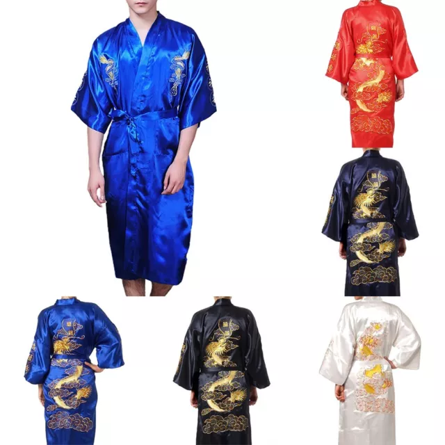 Hommes Satin Chinois Dragon Element Kimono Soie Peignoir Pyjama Robe X1