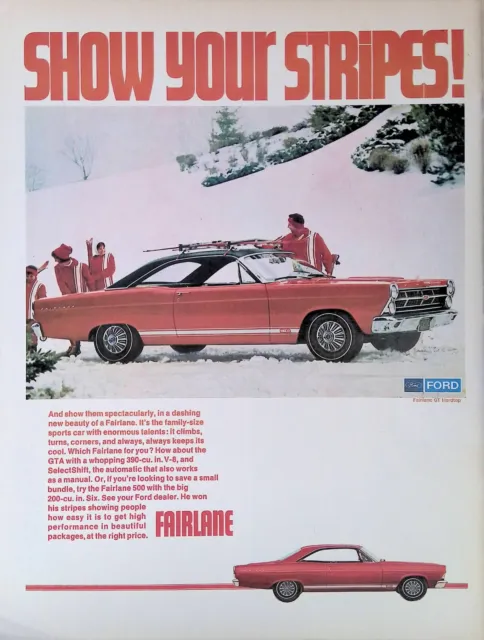 Print Ad 1967 Red Ford Fairlane GTA Snow Skiing Show Your Stripes!